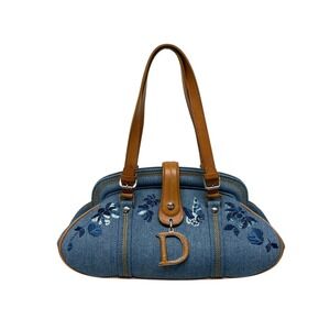 Christian Dior John Galliano Butterfly Flower Handbag Blue Brown Denim Leather